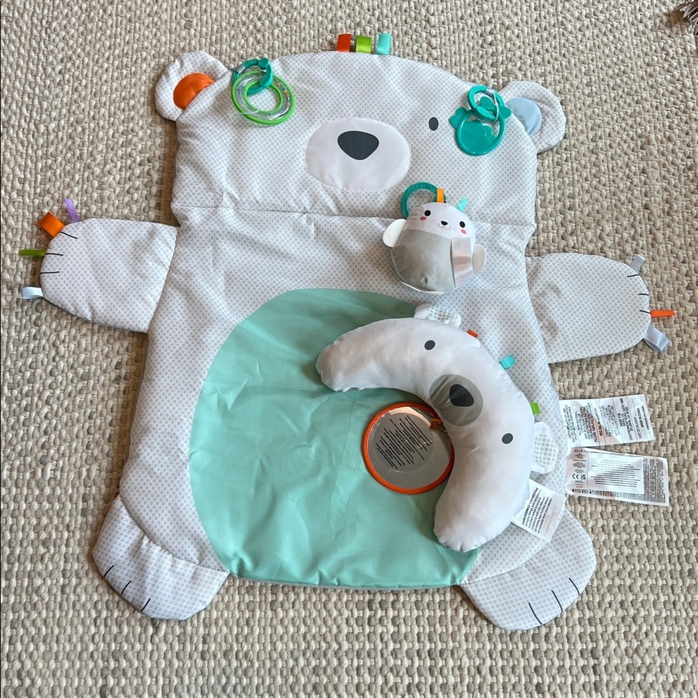 Plush Bear Activity Play Mat with Mint Green Center - Baby Learning Toy